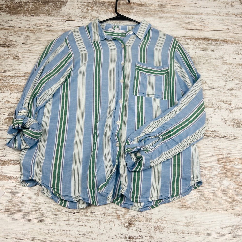 Jane + Delancey Womens M Striped Button Up Shirt Blue Rayon Roll Tab Blouse